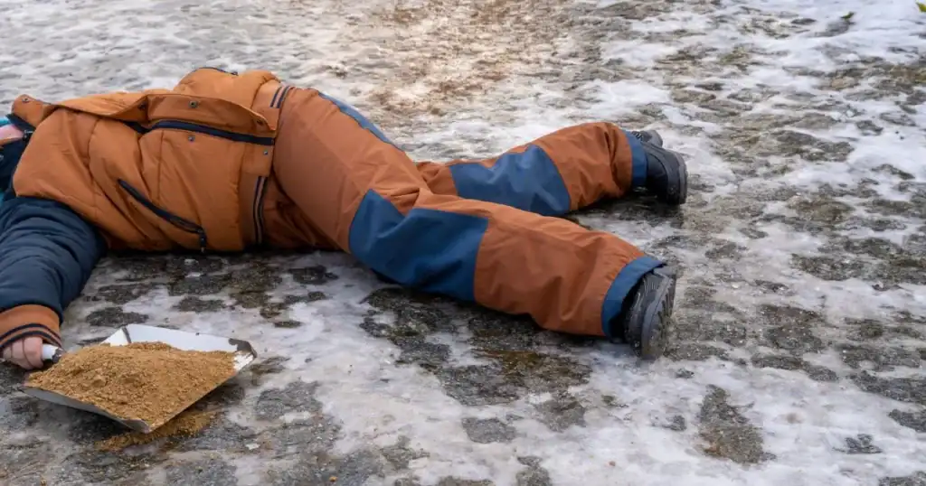 A person laying on the ground in pain after slipping and falling on ice