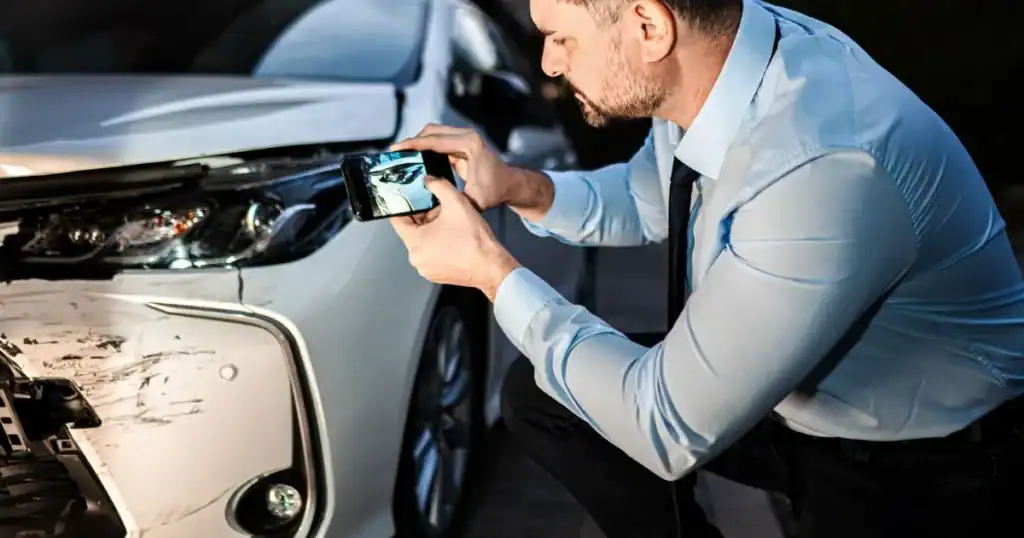 man taking picture of minor damages to his car after a side swipe