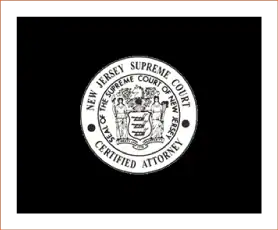PVC seal of New Jersey Supreme Court certified attorney on black background, law firm branding.