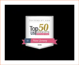 New Jersey top 50 verdicts badge on black background, law firm branding.